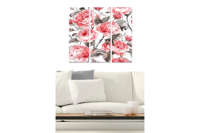 Canvastavla i trä 3-delar 50x70 cm - Rosa pioner i en elegant komposition, Rosa / Grå / Grön