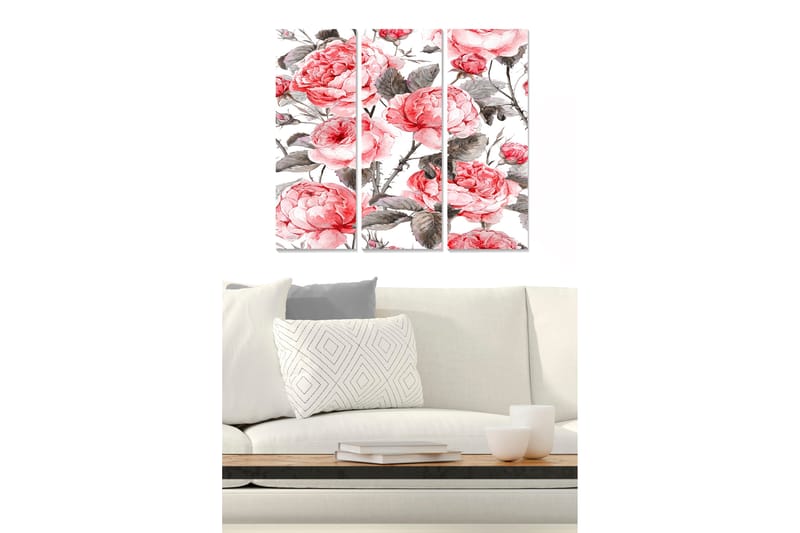 Canvastavla i trä 3-delar 50x70 cm - Rosa pioner i en elegant komposition, Rosa / Grå / Grön