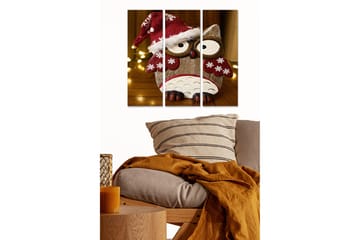 Canvastavla i trä 3-delar 50x70 cm - Söt uggla i julig hatt med snöflingor - Röd / Brun / Vit - Inredning - Tavlor & posters - Canvastavla