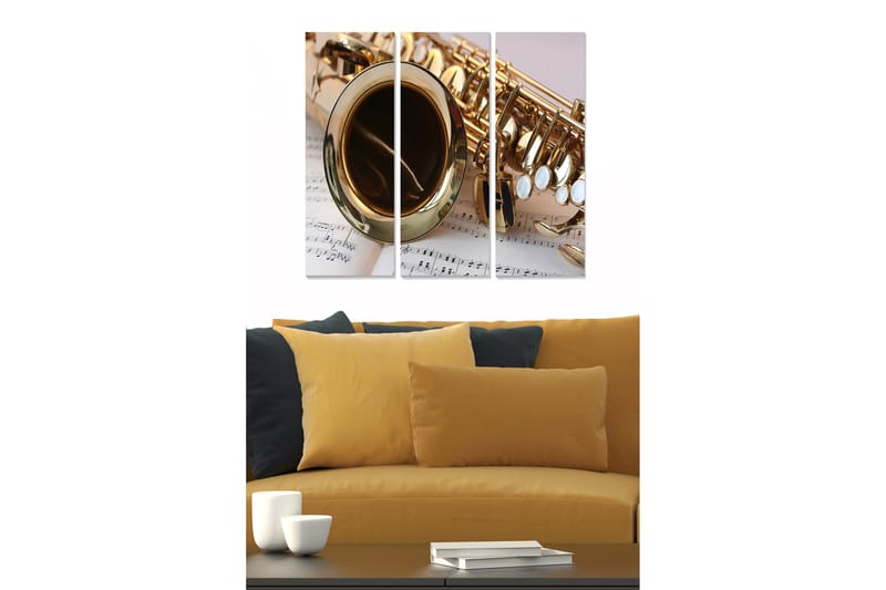 Canvastavla i trä 3-delar 50x70 cm - Saxofon med noter i bakgrunden - Guld / Vit / Svart - Inredning - Tavlor & posters - Canvastavla