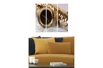 Canvastavla i trä 3-delar 50x70 cm - Saxofon med noter i bakgrunden - Guld / Vit / Svart - Inredning - Tavlor & posters - Canvastavla
