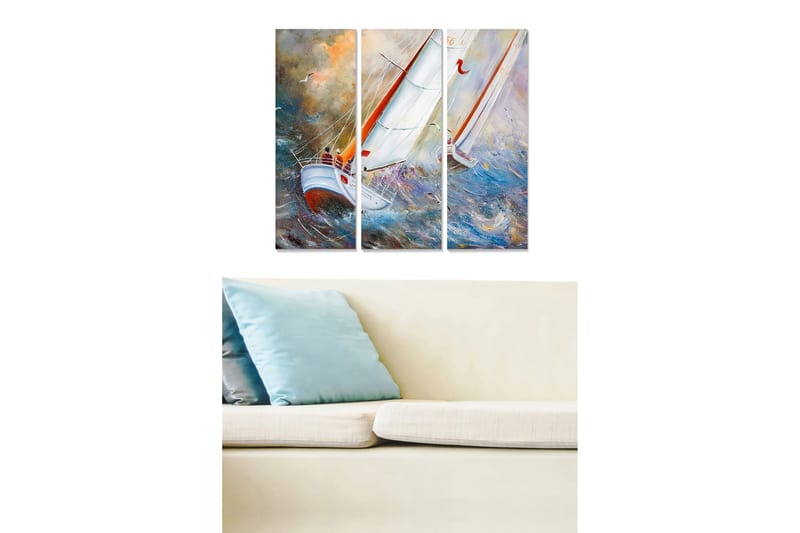 Canvastavla i trä 3-delar 50x70 cm - Segelbåt som navigerar genom stormiga vatten, Blå / Vit / Orange
