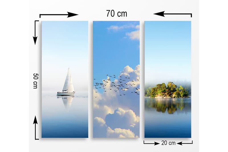 Canvastavla i trä 3-delar 50x70 cm - Segelbåt på spegelblanka vattenytor - Blå / Vit / Grön - Inredning - Tavlor & posters - Canvastavla