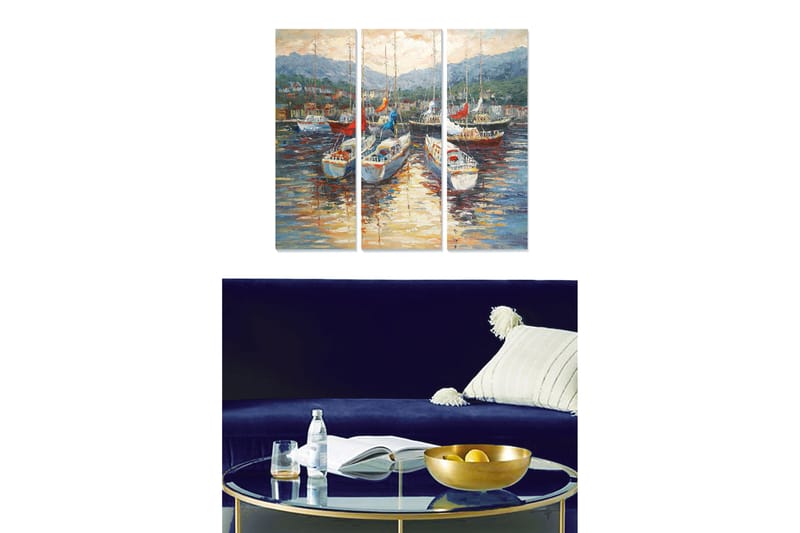 Canvastavla i trä 3-delar 50x70 cm - Segelbåtar i en hamn med speglingar i vattnet, Blå / Vit / Röd