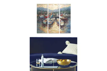 Canvastavla i trä 3-delar 50x70 cm - Segelbåtar i en hamn med speglingar i vattnet - Blå / Vit / Röd - Inredning - Tavlor & posters - Canvastavla