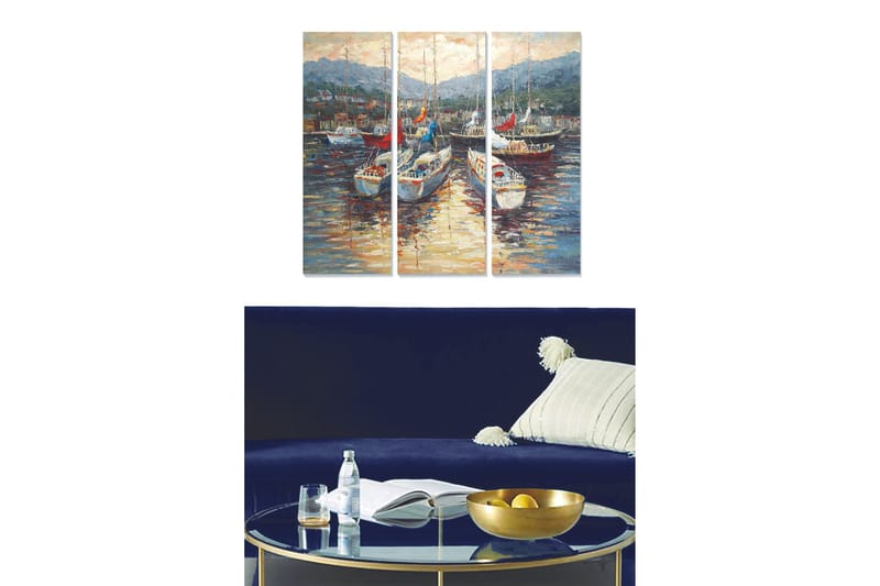 Canvastavla i trä 3-delar 50x70 cm - Segelbåtar i en hamn med speglingar i vattnet, Blå / Vit / Röd