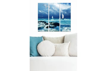 Canvastavla i trä 3-delar 50x70 cm - Segelbåtar på ett stormigt hav - Blå / Vit / Grå - Inredning - Tavlor & posters - Canvastavla