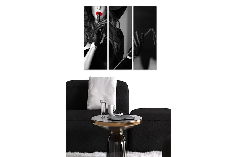 Canvastavla i trä 3-delar 50x70 cm - Sensuell kvinna med röd läppstift och svarta handskar, Svart / Röd