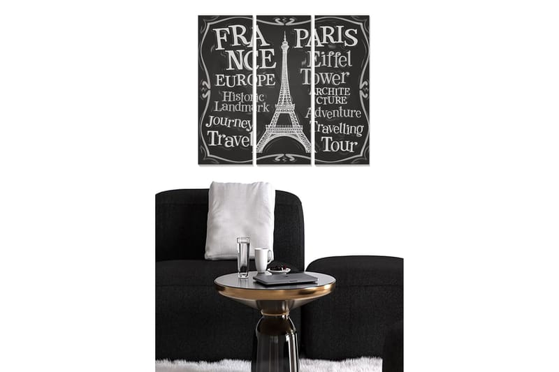Canvastavla i trä 3-delar 50x70 cm - Silhuett av Eiffeltornet med text som hyllar Frankrike och resande - Svart / Vit - Inredning - Tavlor & posters - Canvastavla