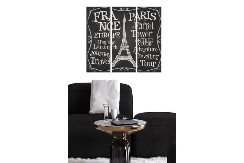 Canvastavla i trä 3-delar 50x70 cm - Silhuett av Eiffeltornet med text som hyllar Frankrike och resande - Svart / Vit - Inredning - Tavlor & posters - Canvastavla