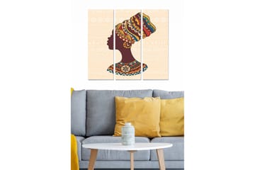 Canvastavla i trä 3-delar 50x70 cm - Silhuett av en kvinna med färgglad huvudbonad och traditionella mönster - Mörkbrun / Gul / Röd - Inredning - Tavlor & posters - Canvastavla
