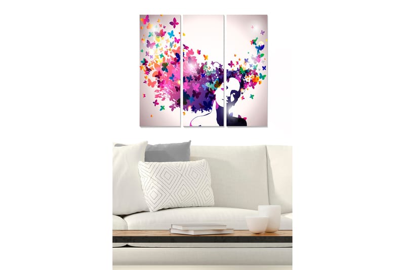 Canvastavla i trä 3-delar 50x70 cm - Silhuett av en kvinna med färgglada fjärilar som svävar omkring henne, Lila / Rosa / Grön