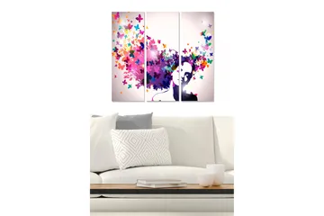 Canvastavla i trä 3-delar 50x70 cm - Silhuett av en kvinna med färgglada fjärilar som svävar omkring henne - Lila / Rosa / Grön - Inredning - Tavlor & posters - Canvastavla