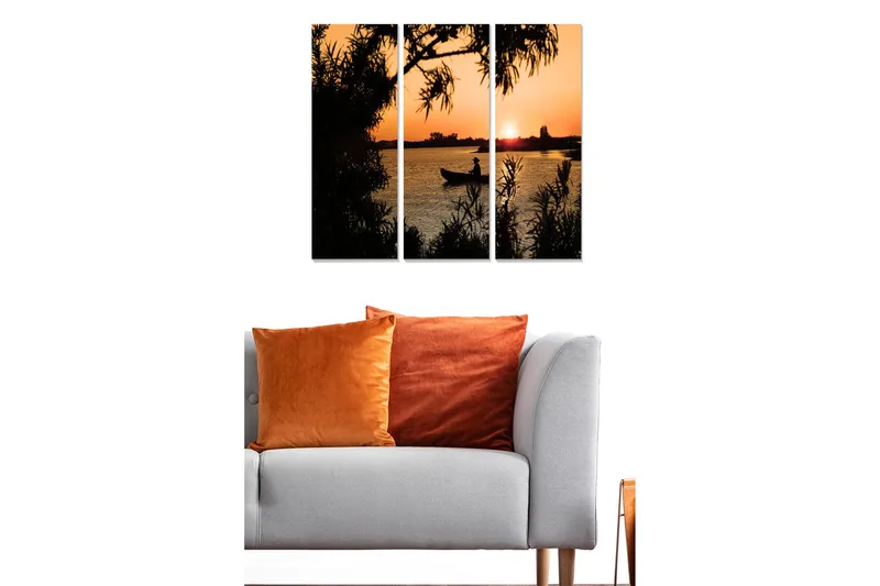Canvastavla i trä 3-delar 50x70 cm - Silhuett av en man i båt vid solnedgången - Orange / Svart - Inredning - Tavlor & posters - Canvastavla