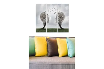 Canvastavla i trä 3-delar 50x70 cm - Silhuetter av ansikten formade av träd med fåglar som flyger mellan dem - Grön / Brun / Grå - Inredning - Tavlor & posters - Canvastavla