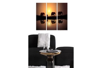 Canvastavla i trä 3-delar 50x70 cm - Silhuetter av elefanter vid solnedgången - Mörkbrun / Orange / Svart - Inredning - Tavlor & posters - Canvastavla