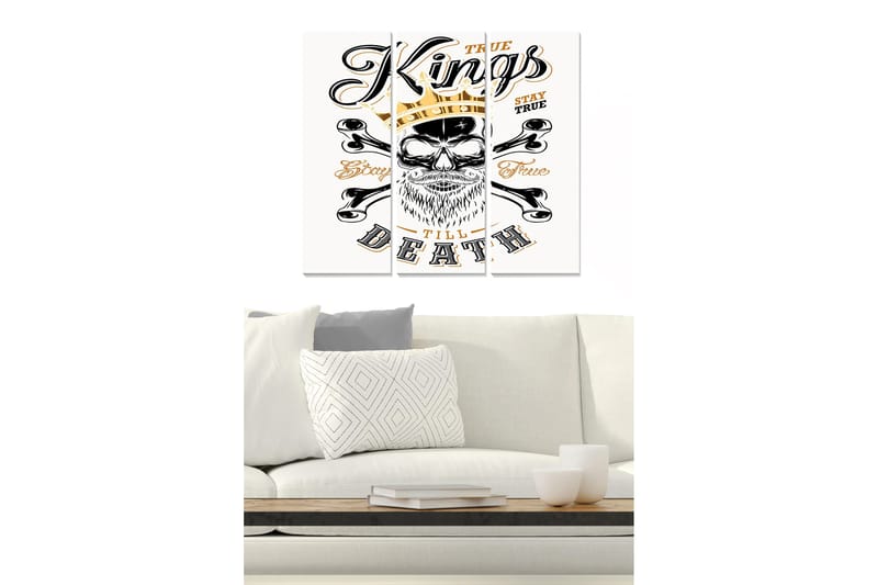 Canvastavla i trä 3-delar 50x70 cm - Skalle med krona och korslagda benknotor, Svart / Guld / Vit