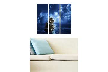 Canvastavla i trä 3-delar 50x70 cm - Skepp som navigerar genom en stormig havsmiljö - Mörkblå / Ljusblå / Vit - Inredning - Tavlor & posters - Canvastavla