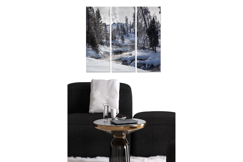 Canvastavla i trä 3-delar 50x70 cm - Snöklädd vinterlandskap med tallar och en porlande bäck, Vit / Grå / Mörkgrön