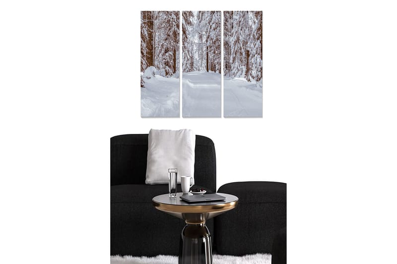 Canvastavla i trä 3-delar 50x70 cm - Snötäckt skogsväg omgiven av vinterlandskap, Vit / Brun