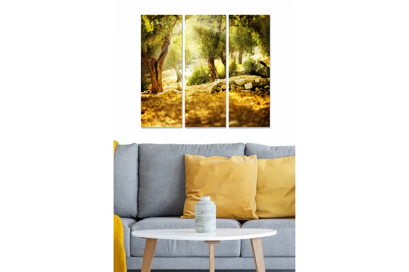 Canvastavla i trä 3-delar 50x70 cm - Solbelyst landskap med olivträd och stenmur - Guld / Grön / Brun - Inredning - Tavlor & posters - Canvastavla