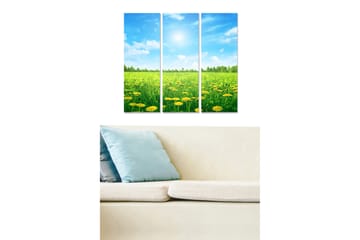 Canvastavla i trä 3-delar 50x70 cm - Solig äng med maskrosor och blå himmel - Grön / Gul / Blå - Inredning - Tavlor & posters - Canvastavla