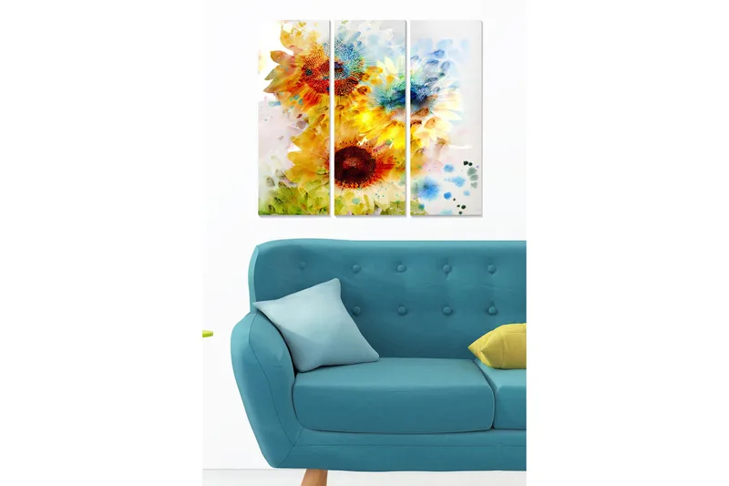 Canvastavla i trä 3-delar 50x70 cm - Soliga solrosor i livfulla komposition - Gul / Grön / Röd - Inredning - Tavlor & posters - Canvastavla