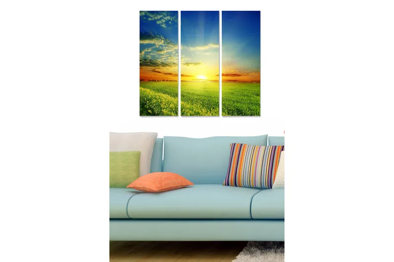 Canvastavla i trä 3-delar 50x70 cm - Solnedgång över en grön äng, Grön / Blå / Orange