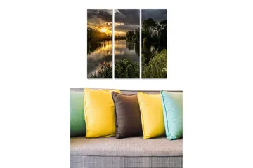 Canvastavla i trä 3-delar 50x70 cm - Solnedgång över en spegelblanka sjö med omgivande grönska - Guld / Grön / Blå - Inredning - Tavlor & posters - Canvastavla