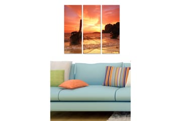 Canvastavla i trä 3-delar 50x70 cm - Solnedgång över havet med båtar i silhuett - Orange / Guld / Blå - Inredning - Tavlor & posters - Canvastavla