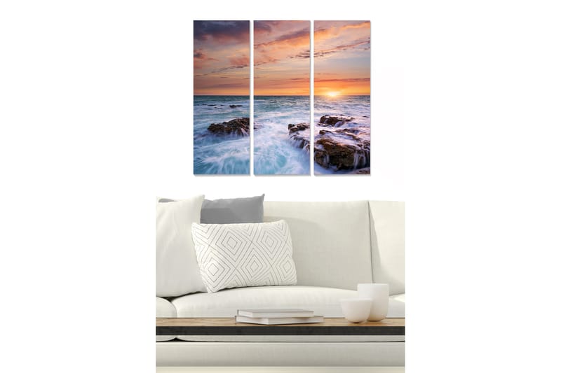 Canvastavla i trä 3-delar 50x70 cm - Solnedgång över havet med klippor i f�örgrunden, Blå / Orange / Lila