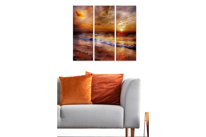 Canvastavla i trä 3-delar 50x70 cm - Solnedgång över havet med reflektioner i vattnet, Orange / Guld / Blå