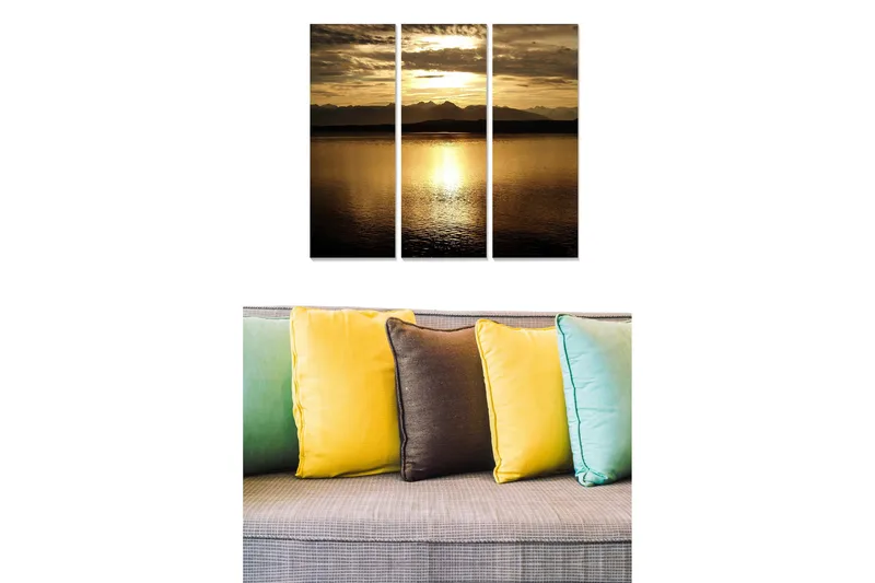 Canvastavla i trä 3-delar 50x70 cm - Solnedgång över stilla vatten med fjärran berg i bakgrunden, Guld / Mörkbrun / Svart