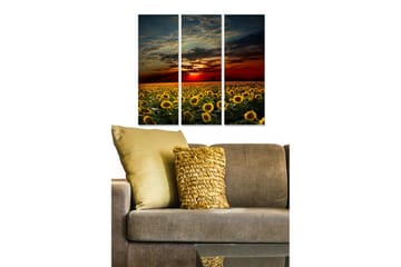 Canvastavla i trä 3-delar 50x70 cm - Solrosfält under en dramatisk solnedgång - Gult / Grönt / Orange - Inredning - Tavlor & posters - Canvastavla