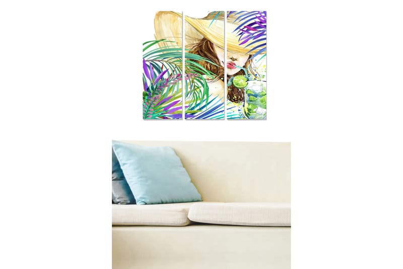 Canvastavla i trä 3-delar 50x70 cm - Somrig kvinna med stor hatt och drink omgiven av färgglada palmer, Grön / Lila / Beige