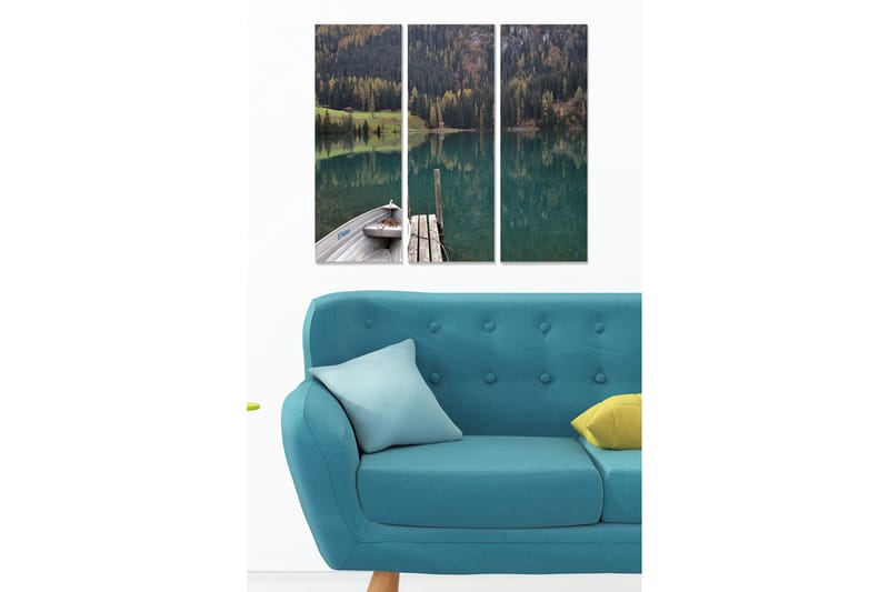 Canvastavla i trä 3-delar 50x70 cm - Spegelblanka sjölandskap med en båt vid bryggan, Turkos / Grön / Brun