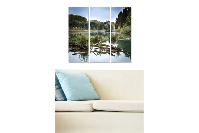 Canvastavla i trä 3-delar 50x70 cm - Spegelblanka sjölandskap med träd och grönska, Grön / Blå / Brun