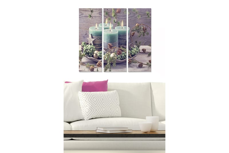 Canvastavla i trä 3-delar 50x70 cm - Stämningsfull arrangemang av ljusgröna ljus med dekorationer av gran och kottar, Ljusgrön / Brun / Grå
