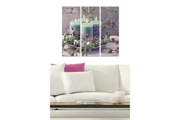 Canvastavla i trä 3-delar 50x70 cm - Stämningsfull arrangemang av ljusgröna ljus med dekorationer av gran och kottar - Ljusgrön / Brun / Grå - Inredning - Tavlor & posters - Canvastavla