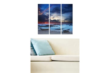 Canvastavla i trä 3-delar 50x70 cm - Stämningsfull havslandskap med båtar vid solnedgång - Mörkblå / Ljusblå / Orange - Inredning - Tavlor & posters - Canvastavla