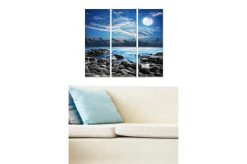 Canvastavla i trä 3-delar 50x70 cm - Stämningsfull havsutsikt med måne och klippor - Blå / Grå / Vit - Inredning - Tavlor & posters - Canvastavla
