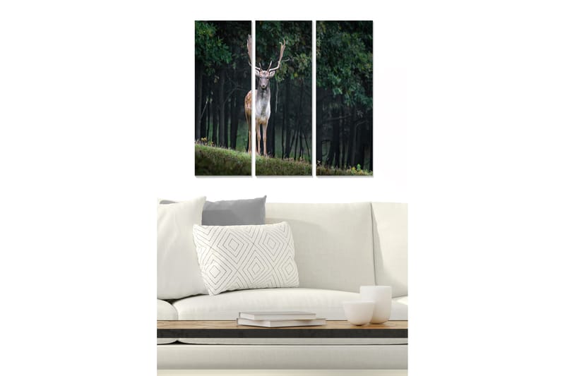 Canvastavla i trä 3-delar 50x70 cm - Stående rådjur i en skogsmiljö - Grön / Brun / Svart - Inredning - Tavlor & posters - Canvastavla