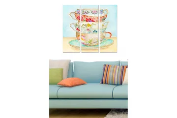 Canvastavla i trä 3-delar 50x70 cm - Staplade tekoppar med blommönster - Ljusblå / Röd / Grön - Inredning - Tavlor & posters - Canvastavla