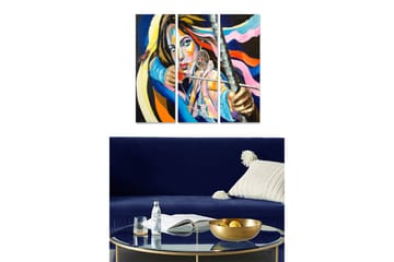 Canvastavla i trä 3-delar 50x70 cm - Starkt porträtt av en kvinna med svärd och färgglada linjer - Blå / Orange / Rosa - Inredning - Tavlor & posters - Canvastavla