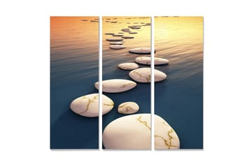 Canvastavla i trä 3-delar 50x70 cm - Stenlagd väg över spegelblanka vattenytor - Vit / Blå / Guld - Inredning - Tavlor & posters - Canvastavla
