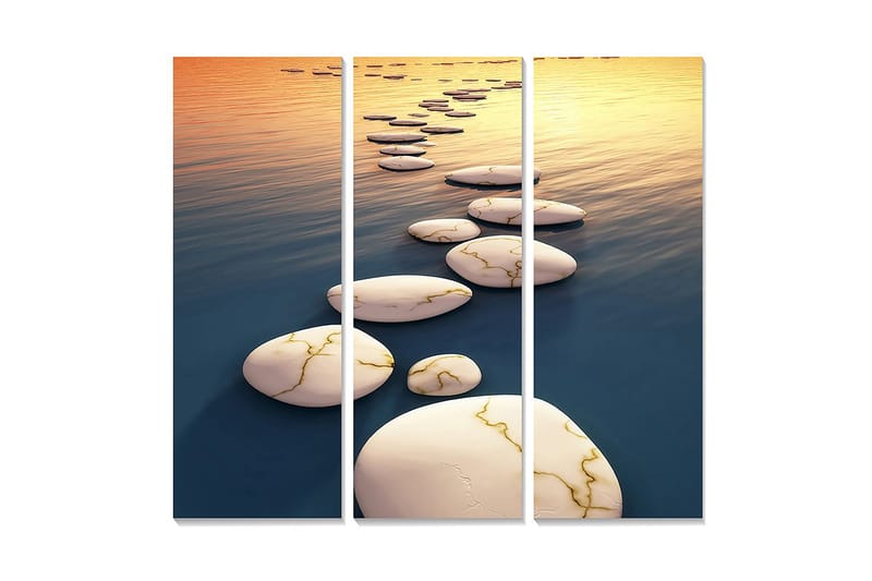 Canvastavla i trä 3-delar 50x70 cm - Stenlagd väg över spegelblanka vattenytor, Vit / Blå / Guld