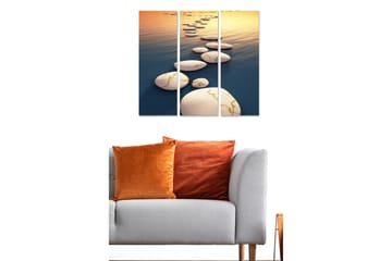 Canvastavla i trä 3-delar 50x70 cm - Stenlagd väg över spegelblanka vattenytor - Vit / Blå / Guld - Inredning - Tavlor & posters - Canvastavla