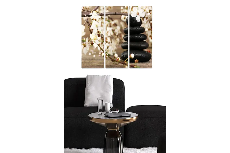 Canvastavla i trä 3-delar 50x70 cm - Stenstack omgiven av blommor och grenar, Svart / Vit / Beige