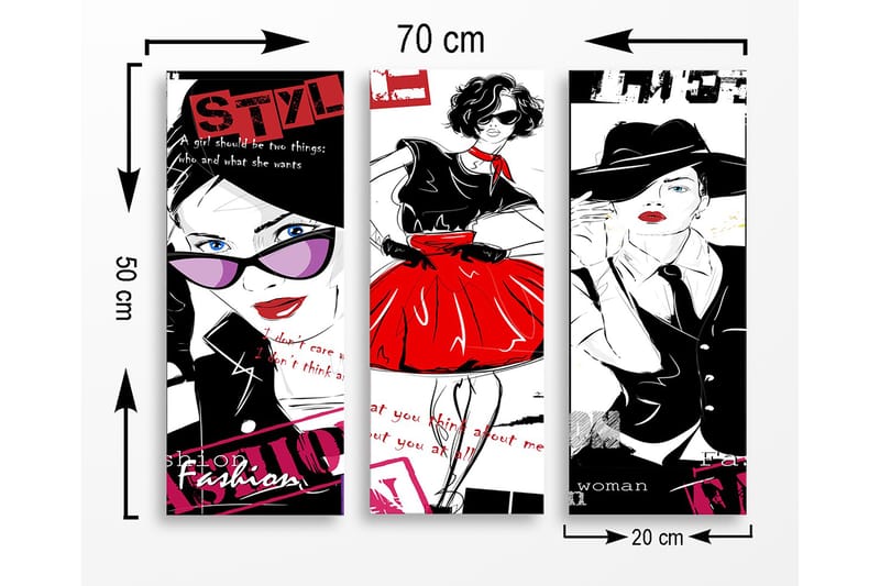 Canvastavla i trä 3-delar 50x70 cm - Stilfulla kvinnor i mode med färgglada detaljer - Röd / Svart / Vit - Inredning - Tavlor & posters - Canvastavla