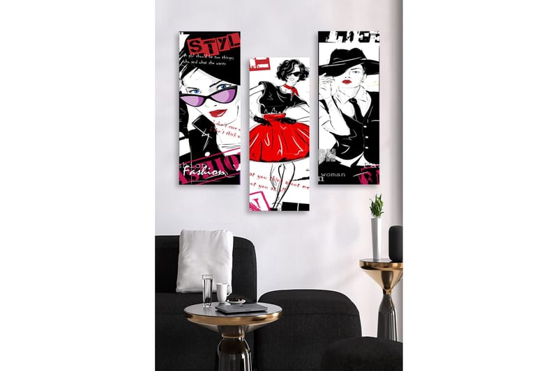 Canvastavla i trä 3-delar 50x70 cm - Stilfulla kvinnor i mode med färgglada detaljer, Röd / Svart / Vit